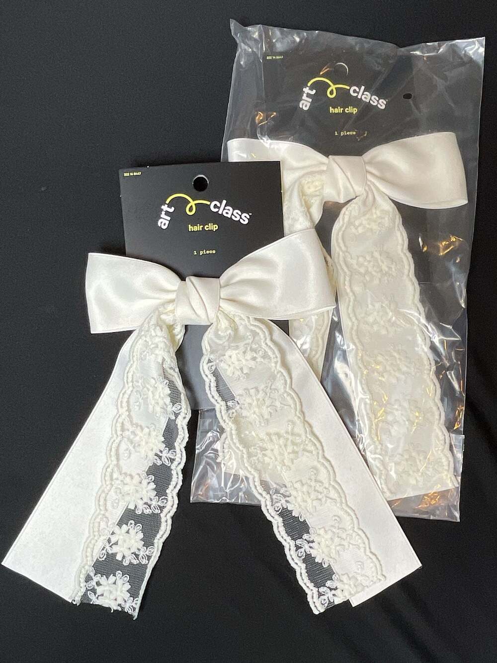 2 Art Class Satin and Lace Hair Bow Clip Ivory